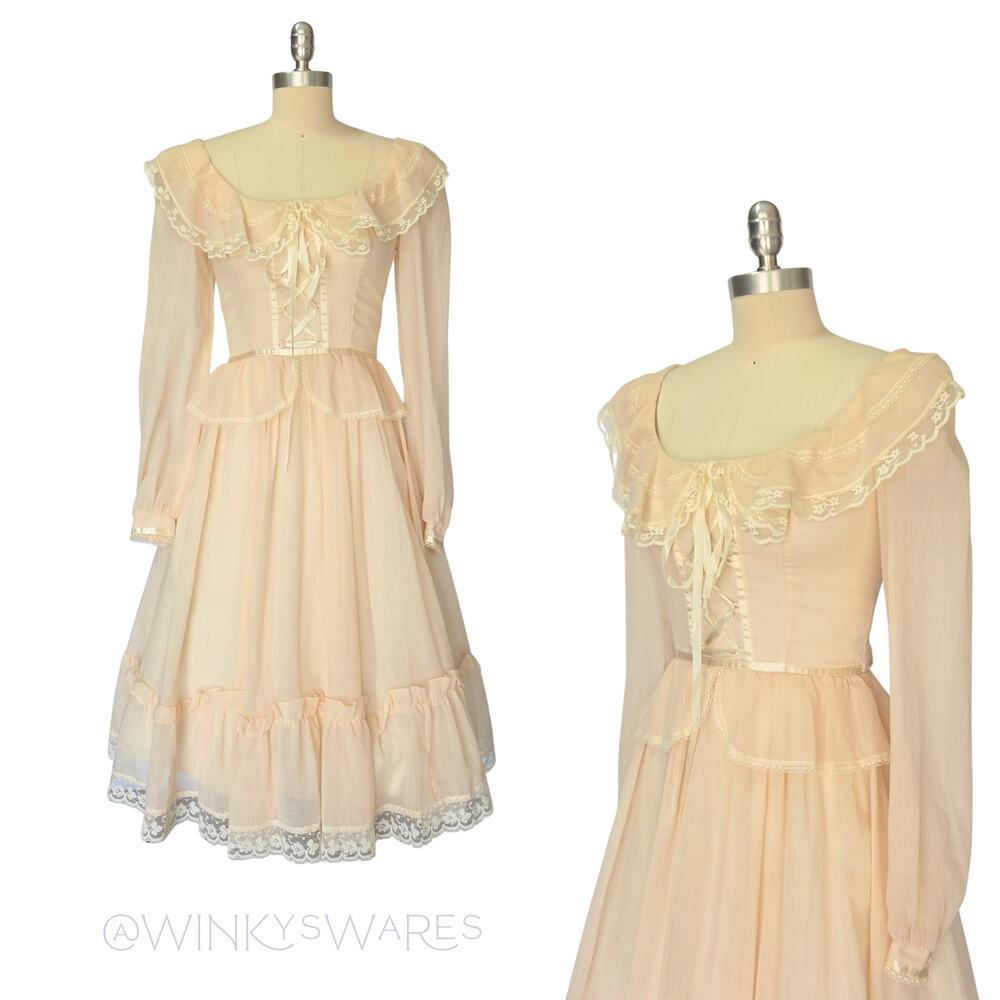 Gunne Sax Peplum Midi Dress Size S 7 9 Pink Corset Vintage 70s Prairie Bridal